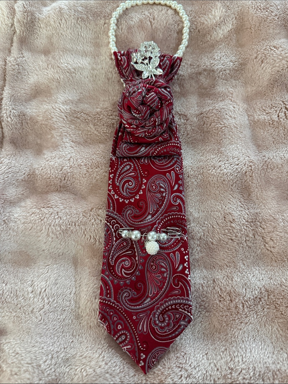 Women's Red Paisley Neck Accessory with Pearl Handle and Rhinestone Accent